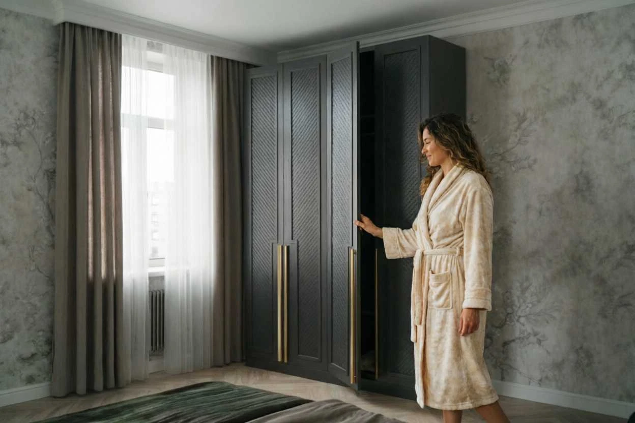Женщина в халате открывает дверь шкафа