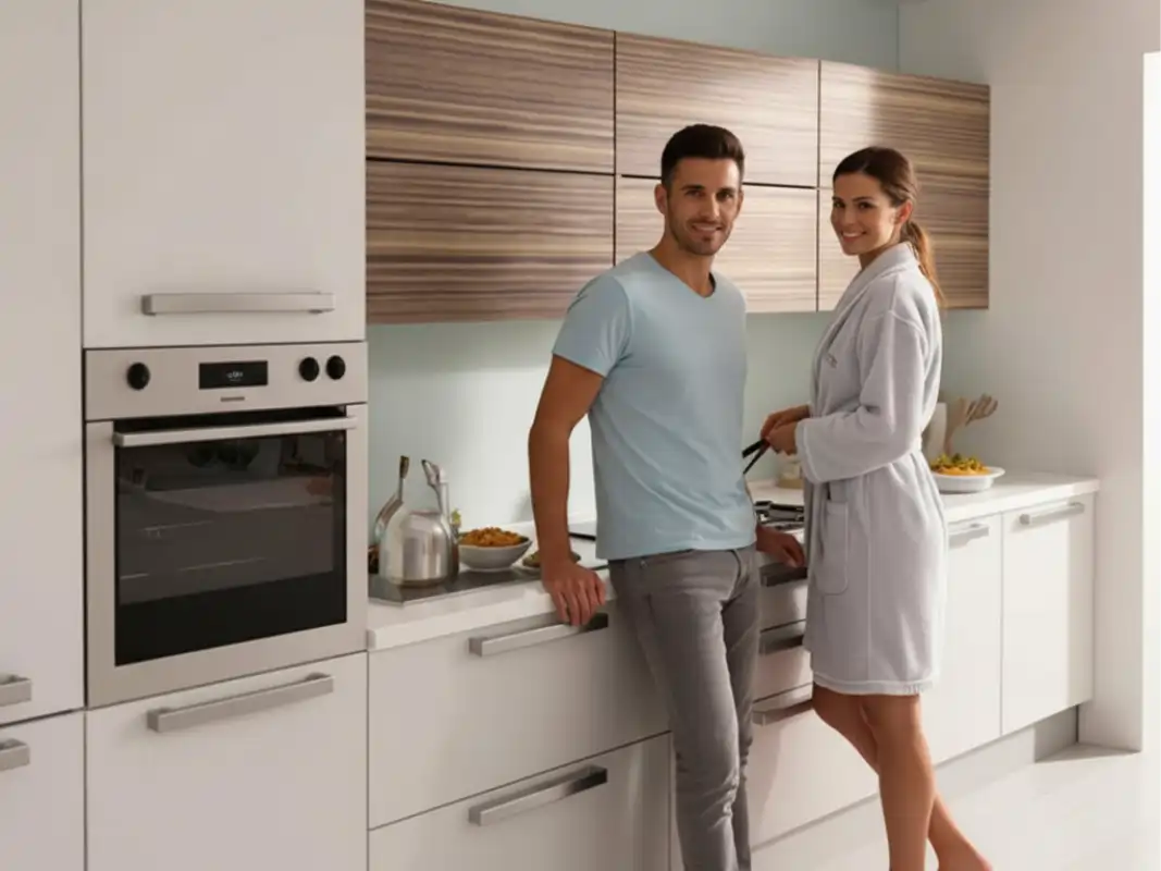 Женщина и мужчина на кухне готовят обед и улыбаются