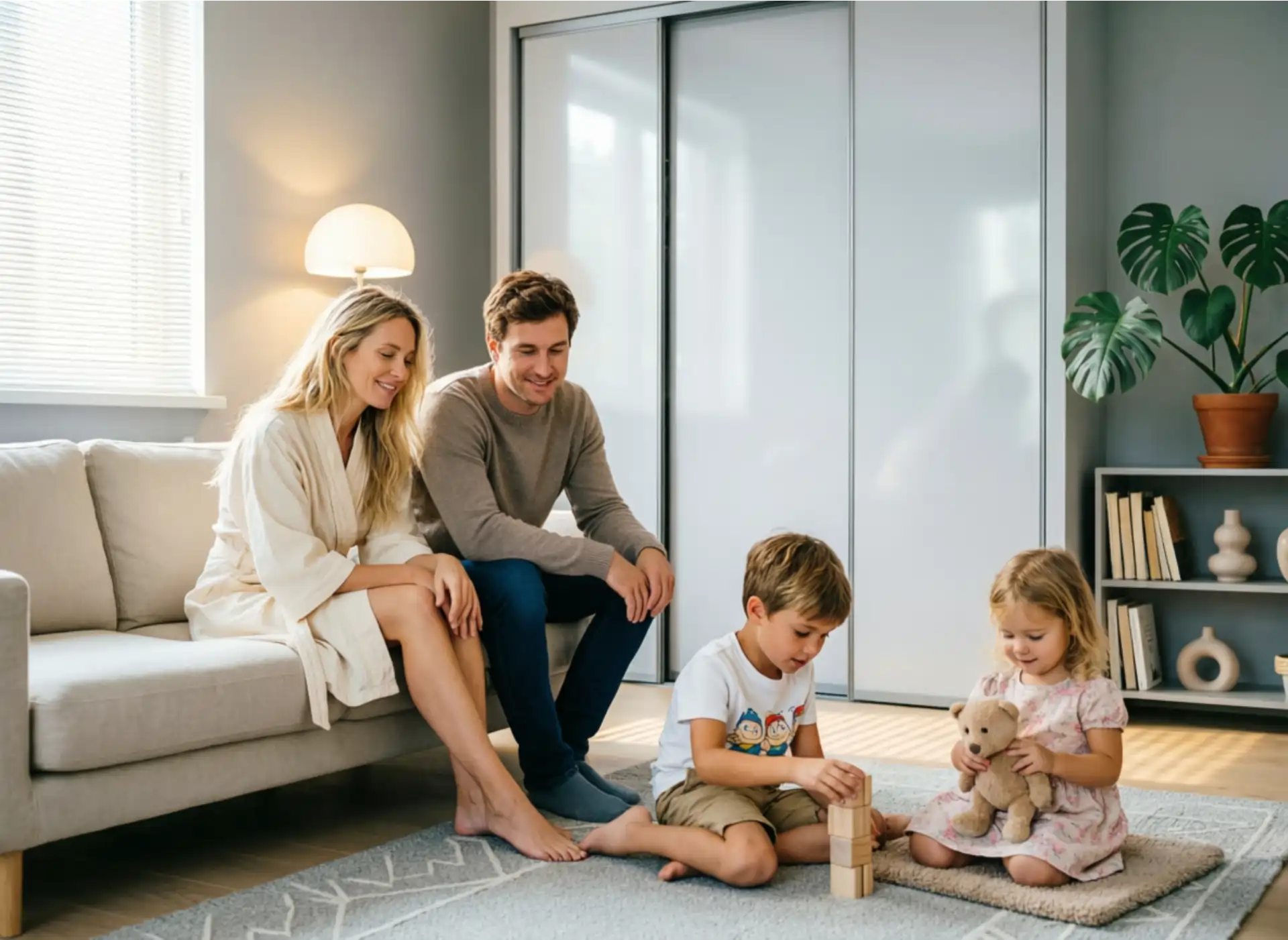 Женщина, мужчина и дети играющие на полу