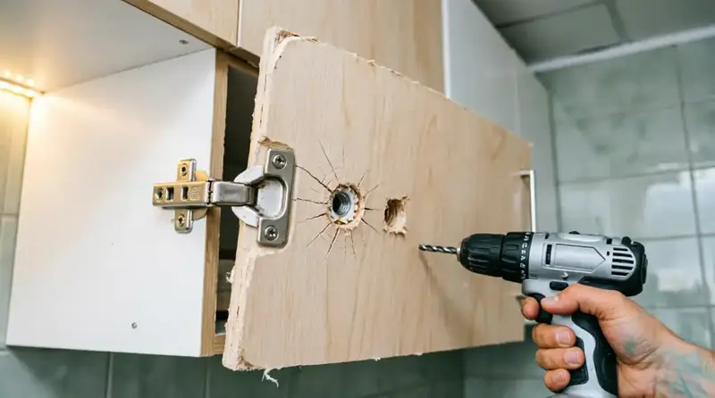 Ошибка при самостоятельном сверлении отверстия под петлю Blum, повреждение ЛДСП Ошибка при самостоятельном сверлении отверстия под петлю Blum, повреждение ЛДСП