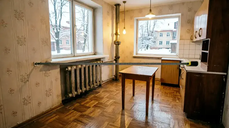 Типичная жилая кухня в старом доме Кузнецкого района: массивный чугунный радиатор под глубоким подоконником, вертикальная газовая труба посередине стены, натянутая рулетка поперёк комнаты. Стены оклеены обоями с цветочным узором, пол — паркетная доска ёлочкой. В комнате стоит старый кухонный гарнитур и деревянный стол